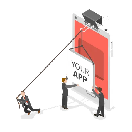 Your App Flat Isometric Vector Concept People Are Setting An Icon Of Some Mobile Application Into A Niche Inside Of Smartphone Screen Illustration