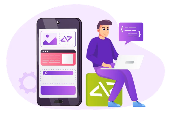 App Development Concept In Flat Style With People Scene Happy Man Coding Programming And Creating Mobile Interface Layout At Laptop Developer Doing Software Vector Illustration For Web Design Illustration