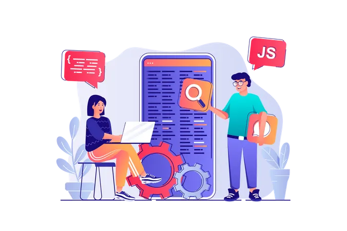 App Development Concept With People Scene Man And Woman Designers Creating Interface Layout Of Mobile Application Programming And Coding Vector Illustration With Characters In Flat Design For Web Illustration