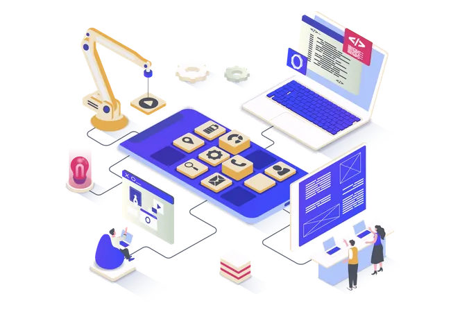 App Development Concept In 3 D Isometric Design UI UX Layout Developing Programming Application Interfaces Coding Mobile Software Vector Illustration With Isometry People Scene For Web Graphic Illustration