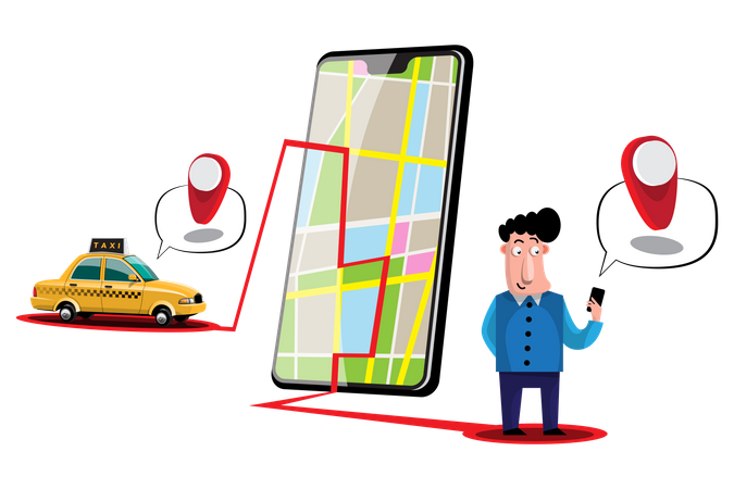 Homem rastreando táxi no aplicativo de reserva de táxi  Ilustração