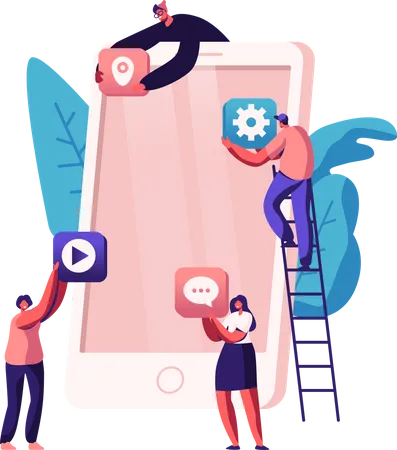 Business People Creative Team Putting App Icons On Huge Smartphone Screen Standing On Ladder Designers Develop Application For Mobile Teamwork Busy Working Process Cartoon Flat Vector Illustration Illustration