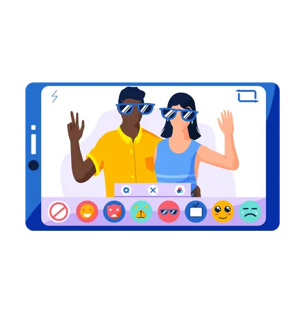 App with happy couple in glasses  Illustration