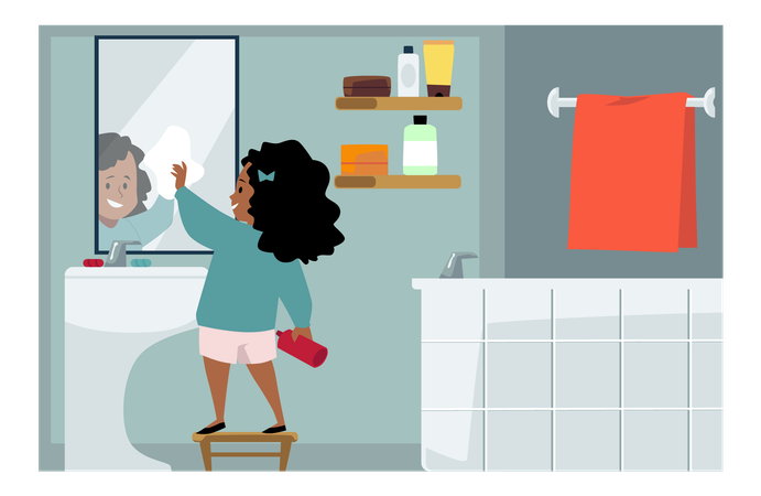 Jolie fille nettoyant le miroir de la salle de bain  Illustration