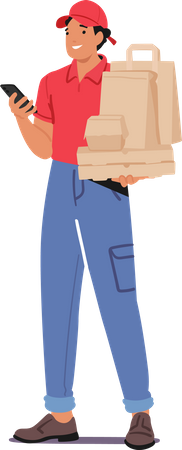 Appel de personnage de messagerie depuis un mobile lors de la livraison de colis alimentaires, garantissant une livraison rapide et précise Illustration