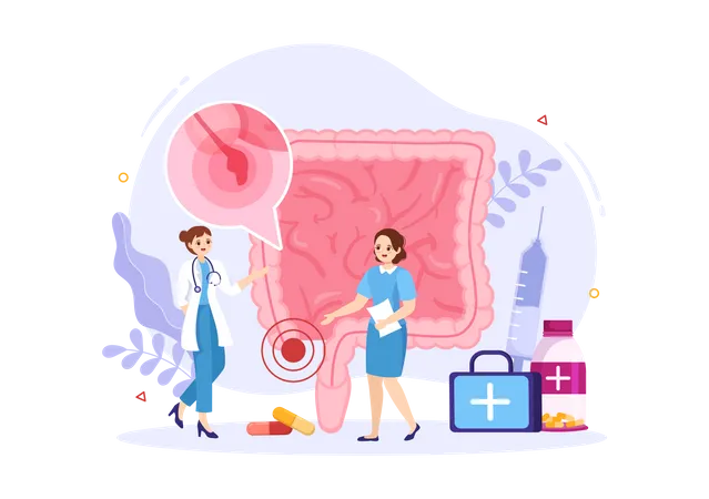 Appendicitis Illustration With Inflammation Of The Appendix And Stomach Treatment In Healthcare Flat Cartoon Hand Drawn For Landing Page Templates Illustration