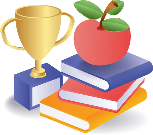 Apple book stack school equipment with trophy  Illustration