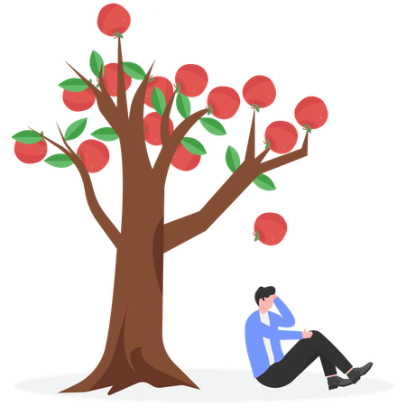 Apple falling dawn to head of thinking businessman  Illustration