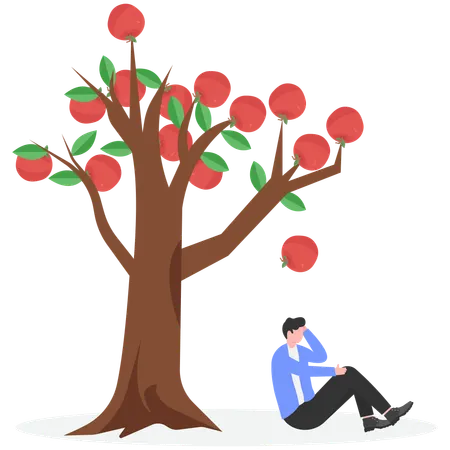Apple falling dawn to head of thinking businessman  Illustration