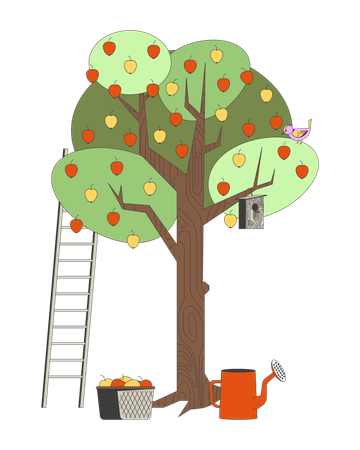 Apple tree with birdhouse and ladder  Illustration