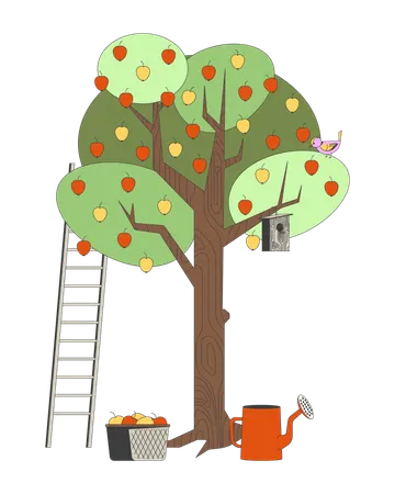 Apple tree with birdhouse and ladder  Illustration