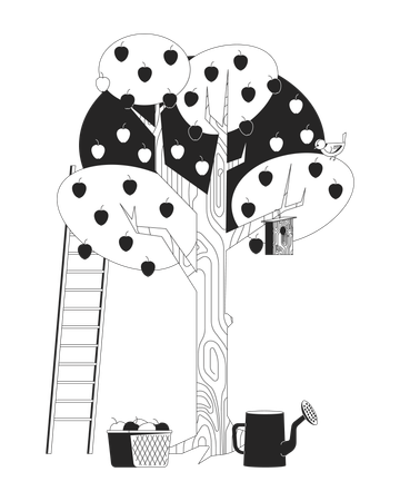Apple tree with birdhouse and ladder  Illustration