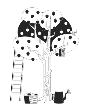 Apple tree with birdhouse and ladder  Illustration