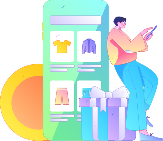 Un homme surfe sur une application de vêtements pour faire du shopping  Illustration