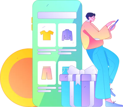 Un homme surfe sur une application de vêtements pour faire du shopping  Illustration