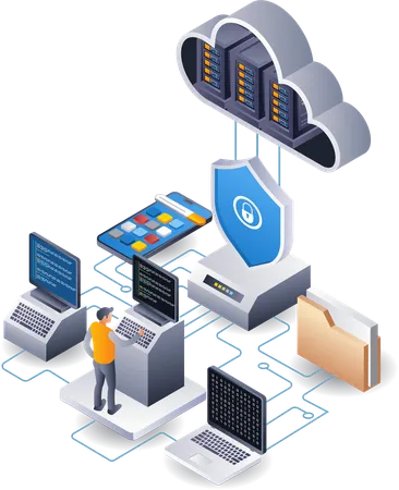Application developer with security hosting cloud server technology  Illustration