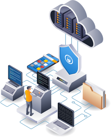 Application developer with security hosting cloud server technology  Illustration