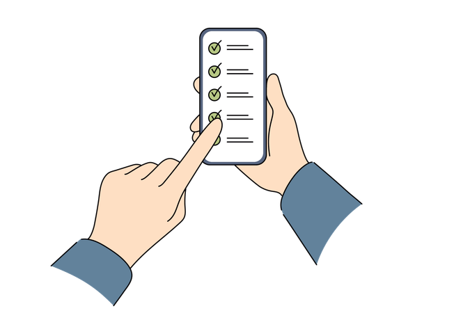 Applications for task management on phone in hands of person using checklist with ticks  Illustration