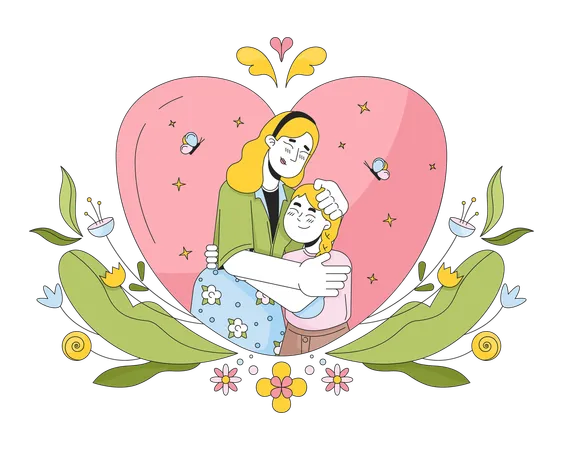 Appreciation Mother Day 2 D Linear Illustration Concept Closeness Affectionate Mom Young Daughter Cartoon Characters Isolated On White Good Warm Moment Metaphor Abstract Flat Vector Outline Graphic Illustration