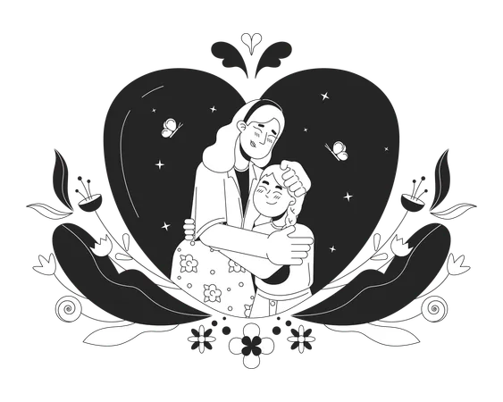 Appreciation Mother Day Black And White 2 D Illustration Concept Closeness Affectionate Mom Young Daughter Cartoon Outline Characters Isolated On White Good Warm Moment Metaphor Monochrome Vector Art Illustration