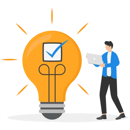 Approve Idea For Project Creativity For Winning Work Presentation Solution To Complete Tasks Concept Happy Business Expressing Delight With A Completed Check Pasted To The Ideal Light Bulb 일러스트레이션