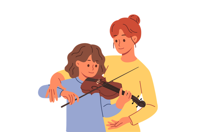 Aprendendo a tocar violino para uma adolescente com um professor profissional que ajuda a segurar o arco corretamente  Ilustração