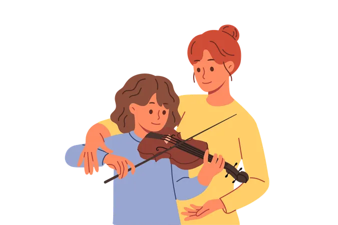 Aprendendo a tocar violino para uma adolescente com um professor profissional que ajuda a segurar o arco corretamente  Ilustração