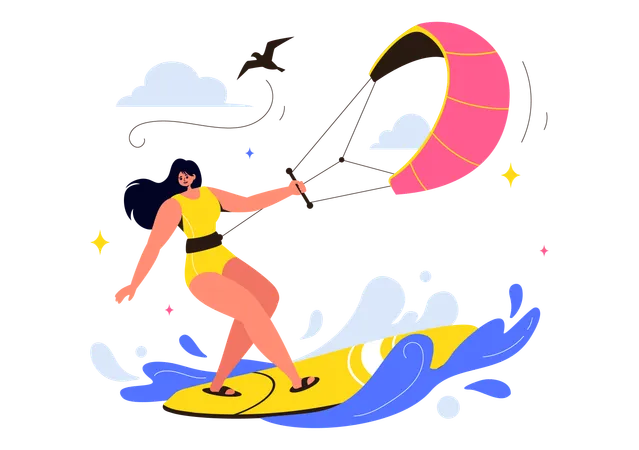 Mulher aprendendo kitesurf  Ilustração