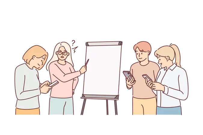 Apresentação de negócios com colegas jogando em telefones e gerente perto do flipchart  Ilustração