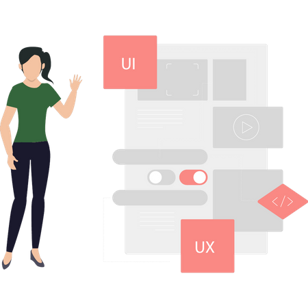 Mulher apresentando design ui ux  Ilustração