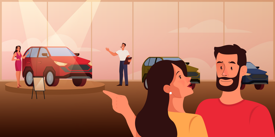 Mulher e homem na apresentação do carro  Ilustração