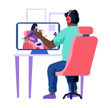 Apresentador de rádio está assistindo podcast  Ilustração