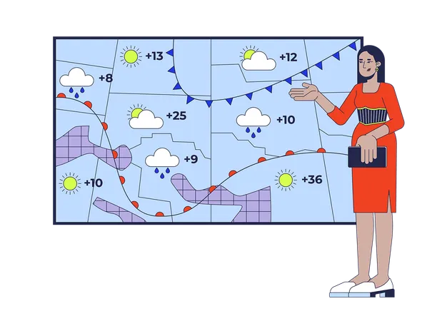 Apresentadora do clima prevendo precipitações  Ilustração