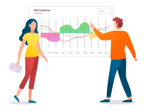 Os apresentadores mostram indicadores estatísticos e dados no diagrama  Ilustração