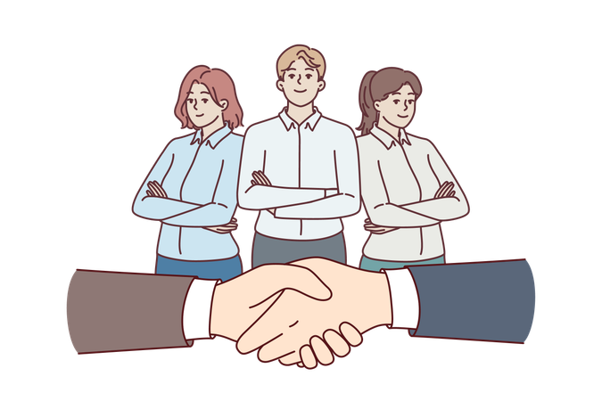 Apretón de manos de empresarios mientras hacen tratos y empleados de oficina de pie con los brazos cruzados  Ilustración
