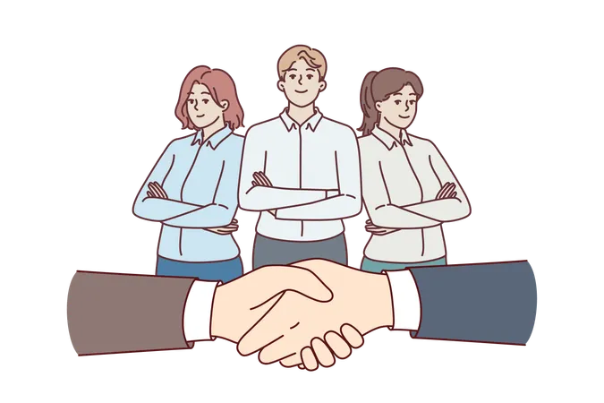 Apretón de manos de empresarios mientras hacen tratos y empleados de oficina de pie con los brazos cruzados  Ilustración