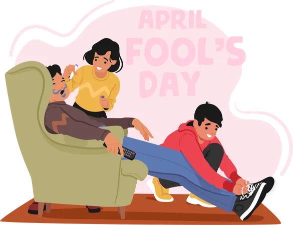 On April Fools Day Friends Characters Prank A Sleeping Buddy By Doodling On His Face And Tying His Shoelaces Together Sparking Hilarious Chaos Upon Waking Cartoon People Vector Illustration Illustration