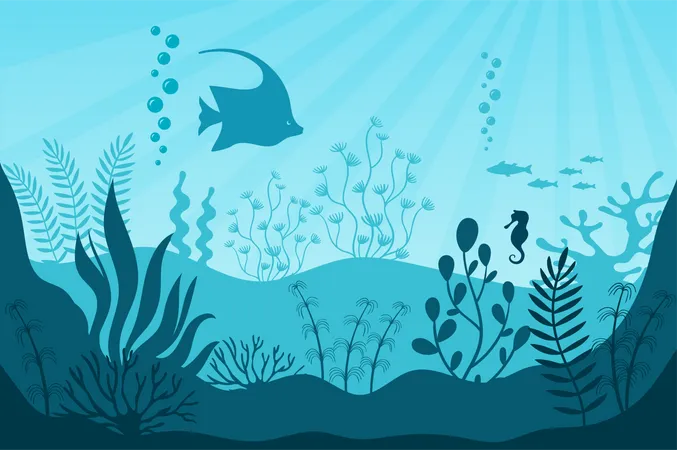 Aquarium Life Silhouettes Of Coral Reef With Fishes In Blue Water Tropical Aquarium With Seaweed And Its Inhabitants Vector Illustration Beautiful Marine Underwater Wildlife Panorama Illustration