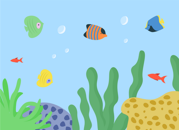 Aquarium with Fish and Seaweed Underwater Species  Illustration