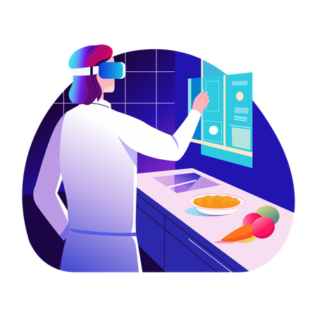 Ar chef escolhendo interagir com livro de receitas virtual  Ilustração