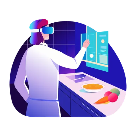 Ar chef escolhendo interagir com livro de receitas virtual  Ilustração