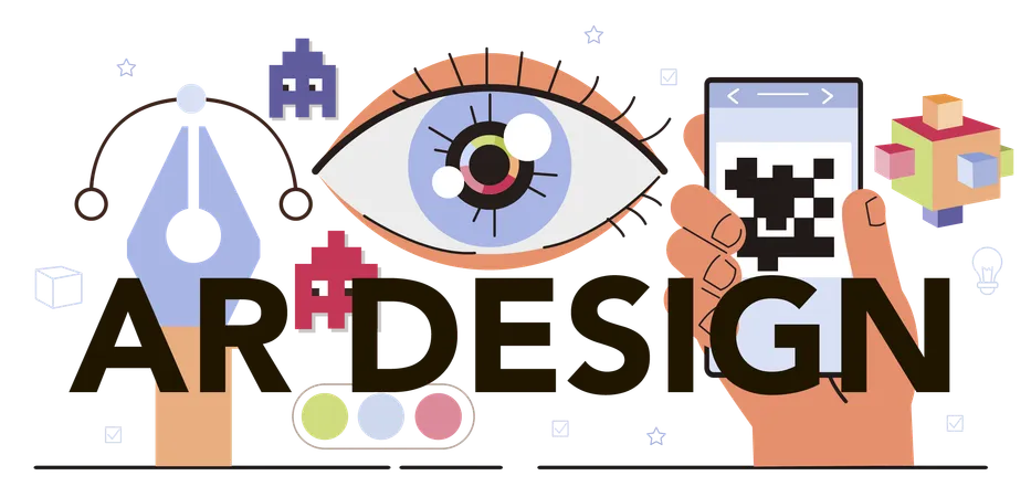 AR Design Typographic Header Augmented Reality Visual Development Computer Mediated Reality Digital Media Technology For Adverisment And Education Flat Vector Illustration イラスト