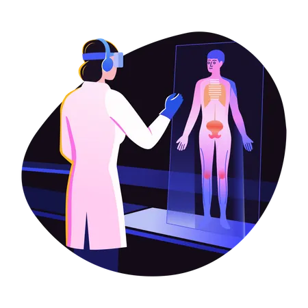 Médico verificando holograma de anatomia do paciente  Ilustração