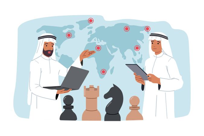 Arab business men with laptops stand near world map  Illustration