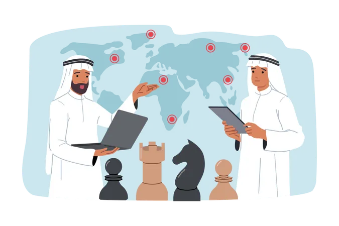 Arab business men with laptops stand near world map  Illustration
