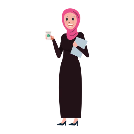 Arab Business Woman Happy With Coffee Vector Illustration Illustration