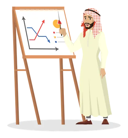 Arab Businessman Making Business Presentation Saudi Manager In Robe Professional Worker Pointing At Graph Isolated Vector Cartoon Illustration Illustration