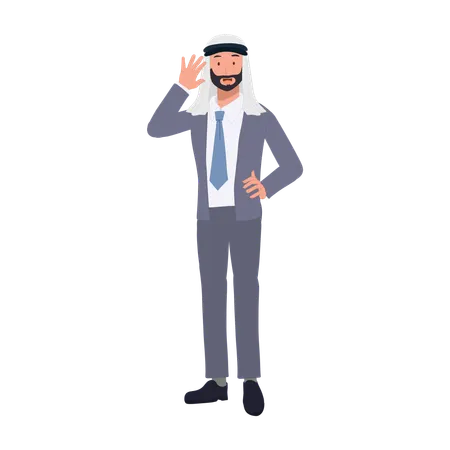 Welcoming Gesture Of Arab Businessman Arab Businessman In Suit Is Waving As Friendly Greeting Illustration