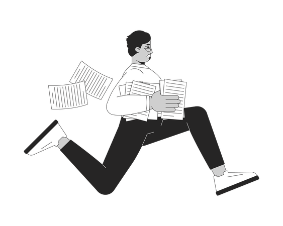 Arab businessman running with papers stack in hand  Illustration