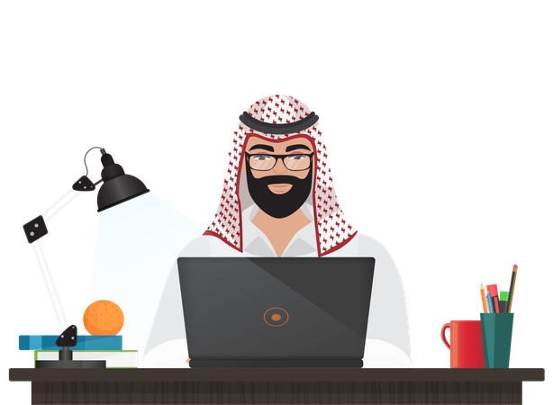 Arab businessman working on laptop  Illustration